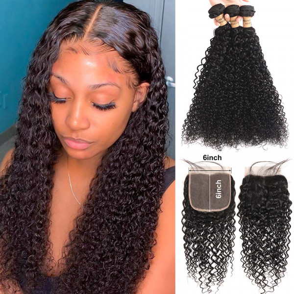 Brazilian Curly Hair 3 Bundles With 6 6 Lace Closure Free Middle Three Part Wiggins Hair
