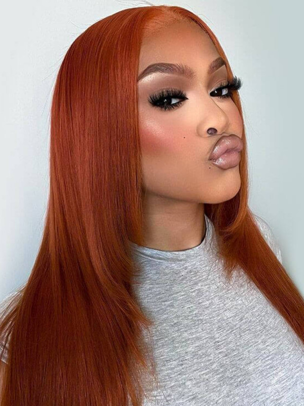 [Limited Time Price] Straight Red Orange Layered Lace Closure Wigs Human Hair