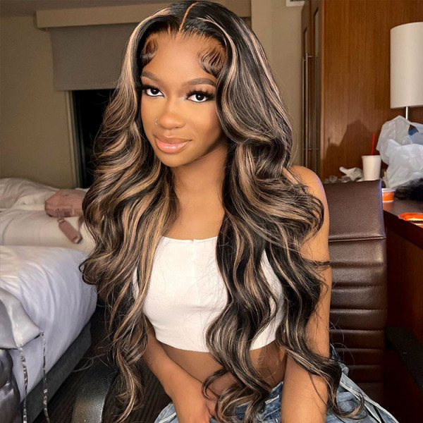 Honey Blonde Highlights On Black Hair Body Wave Wig - Wiggins Hair