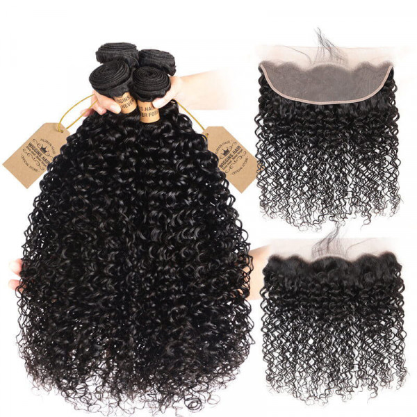 Human Hair 4pcs Kinky Curly With 13*4 Lace Frontal
