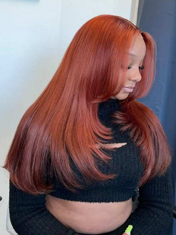 [Limited Time Price] Straight Red Orange Layered Lace Closure Wigs Human Hair