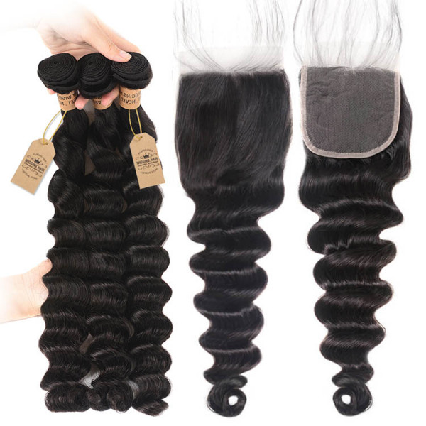 Loose Deep 3 Bundles With Lace Closure 4x4 Human Hair Extensions