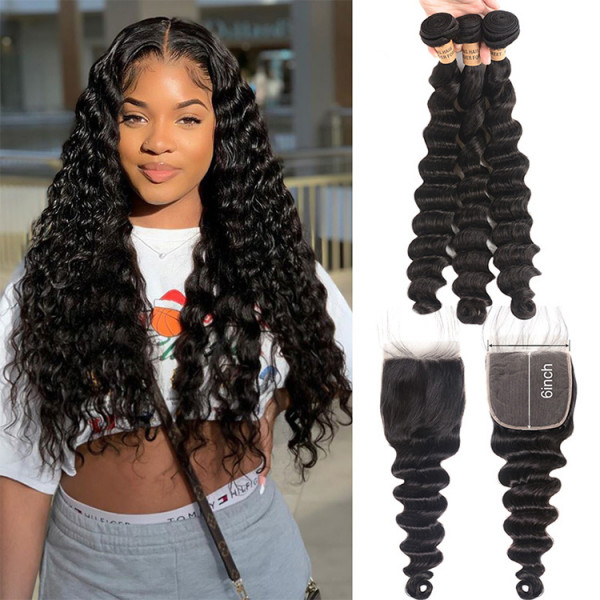 100 Virgin Hair Loose Deep Wave 3 Bundles With 6 6 Lace Closure New Arrival Wiggins Hair