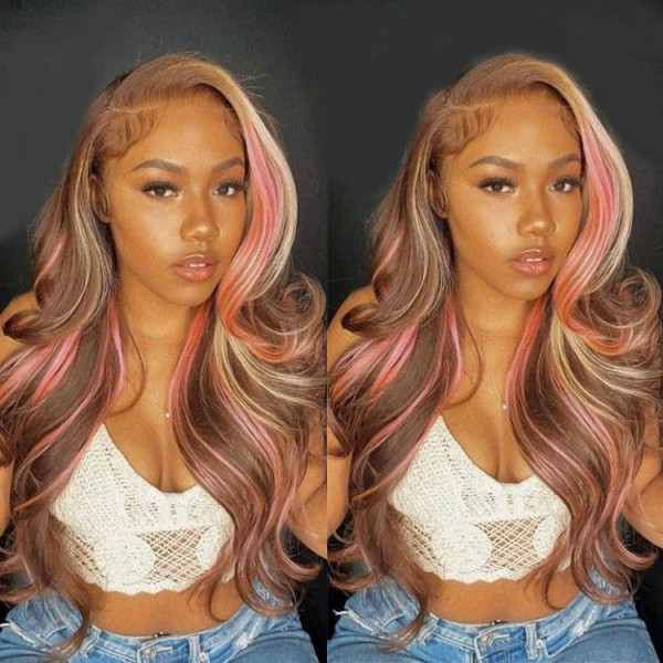 WIGGINS Pink Highlights In Brown Hair Body Wave Lace Closure/Frontal Wigs