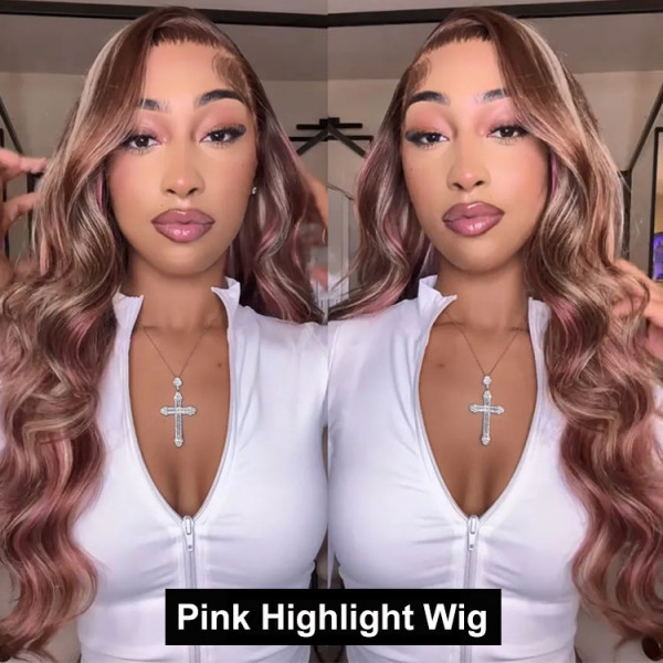 WIGGINS Pink Highlights In Brown Hair Body Wave Lace Closure/Frontal Wigs
