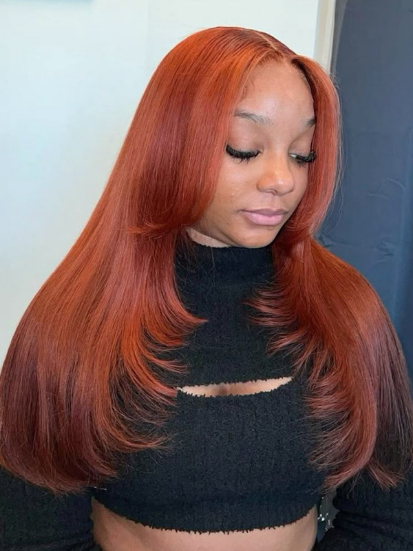 [Limited Time Price] Straight Red Orange Layered Lace Closure Wigs Human Hair