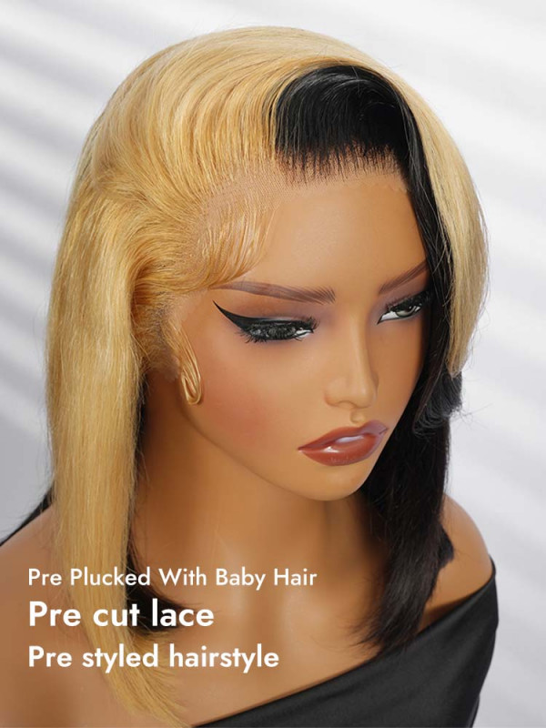 Honey Blonde Skunk Stripe Straight Hair 13x4 Lace Frontal Ready And Go Wigs