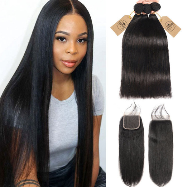 3pcs Bundles Virgin Hair Straight With 4*4 Free Part Lace Closure