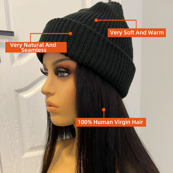 Wig With Hat Straight Beanie With Human Hair Attached - Wiggins Hair
