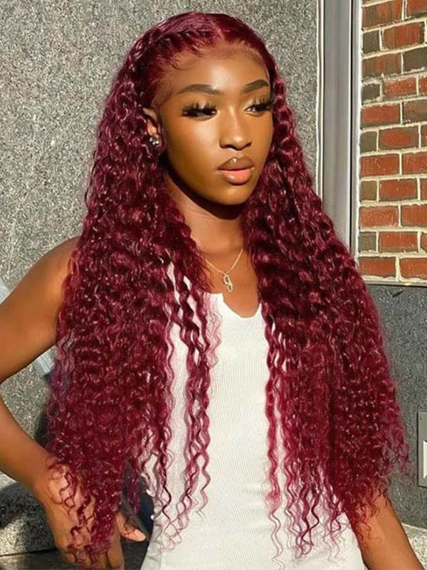 Burgundy Deep Wave Lace Frontal Wigs Human Hair 99J Colored 