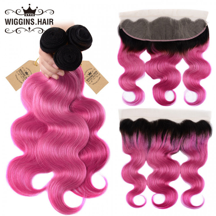 Hair Extensions 1B Rose Pink Ombre Human Hair 2/3 Bundles with