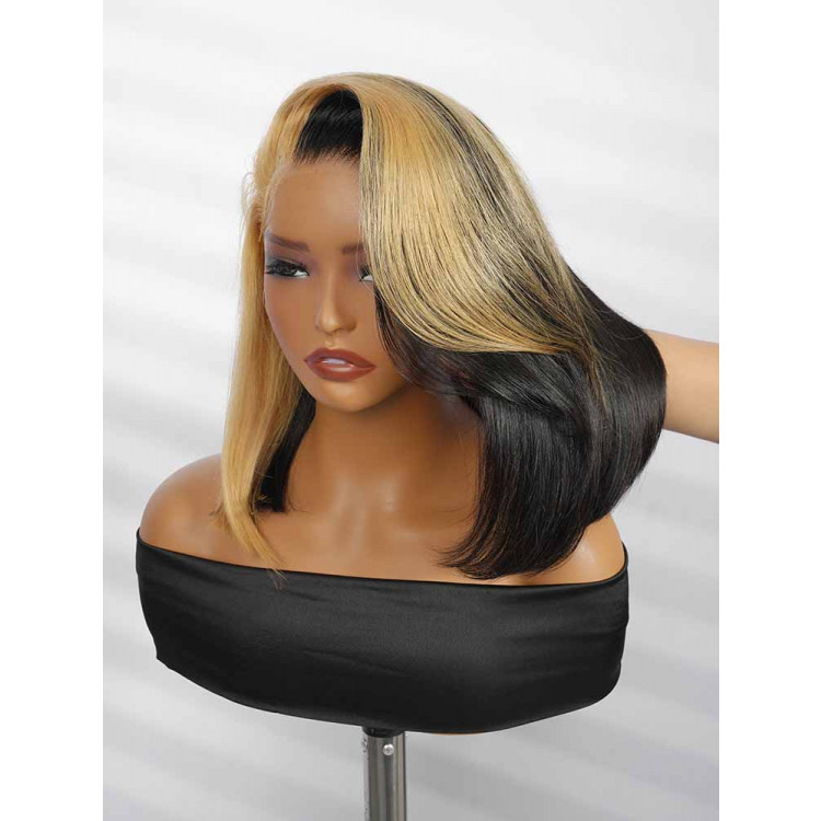 Honey Blonde Skunk Stripe Straight Hair 13x4 Lace Frontal Ready And Go Wigs