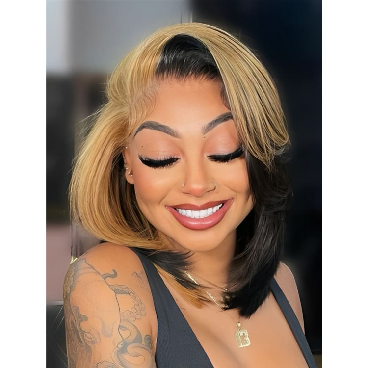 Honey Blonde Skunk Stripe Straight Hair 13x4 Lace Frontal Ready And Go Wigs