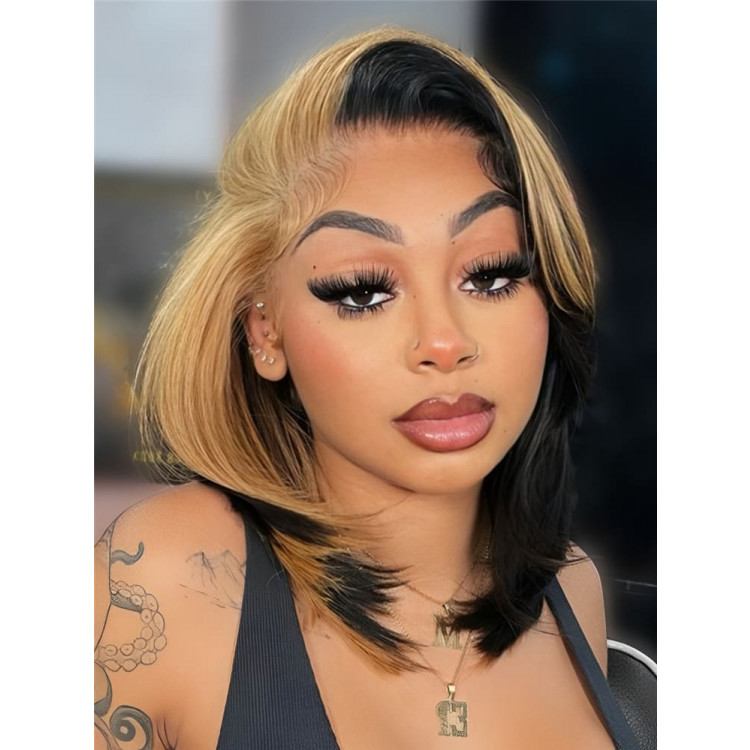 Honey Blonde Skunk Stripe Straight Hair 13x4 Lace Frontal Ready And Go Wigs