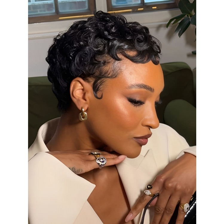 Curly Pixie Cut Finger Wave Human Hair HD Full Lace Front  display picture 1