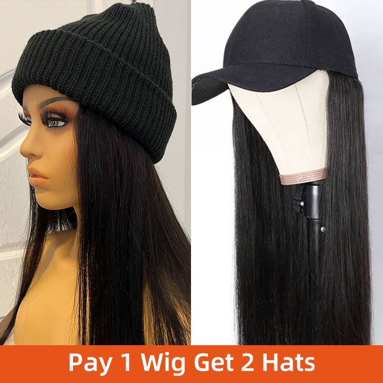 Wig With Hat Straight Beanie With Human Hair Attached - Wiggins Hair