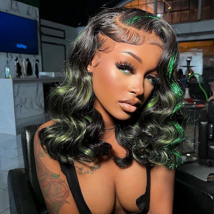 Black Wig With Green Highlights Loose Body Human Hair Wiggins Hair