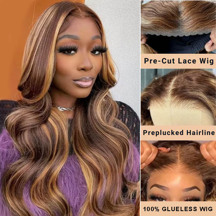 Pre-cut Lace Brown Wig With Blonde Highlight Wear Go Glueless Wig Straight  4x6 HD Lace Wig Preplucked with Natural Hairline