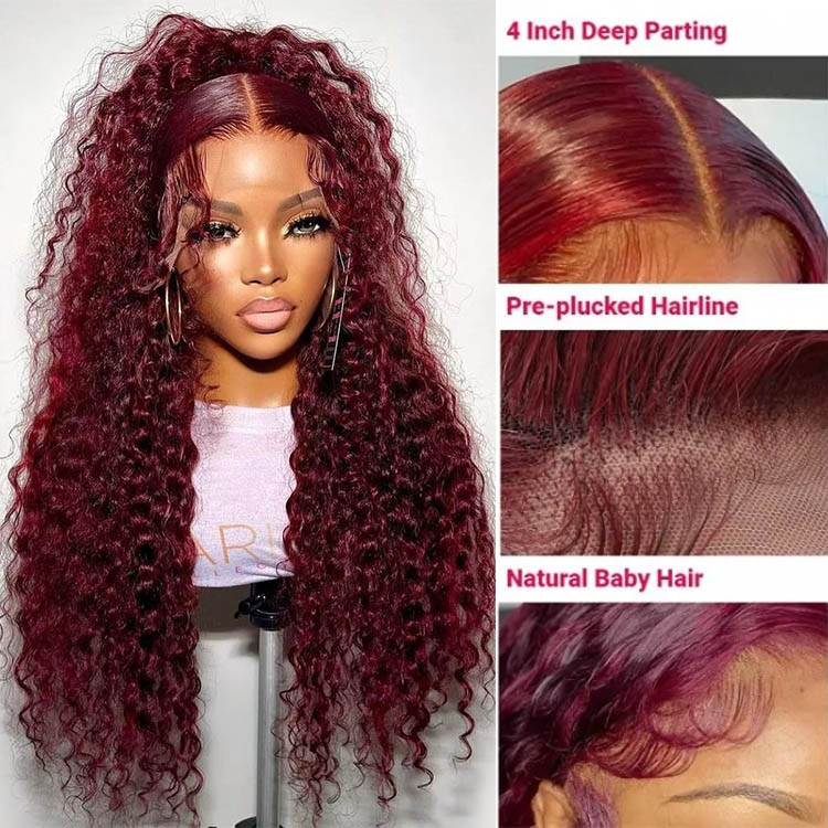 reddish burgundy deep wave lace front wig with two ponytails half