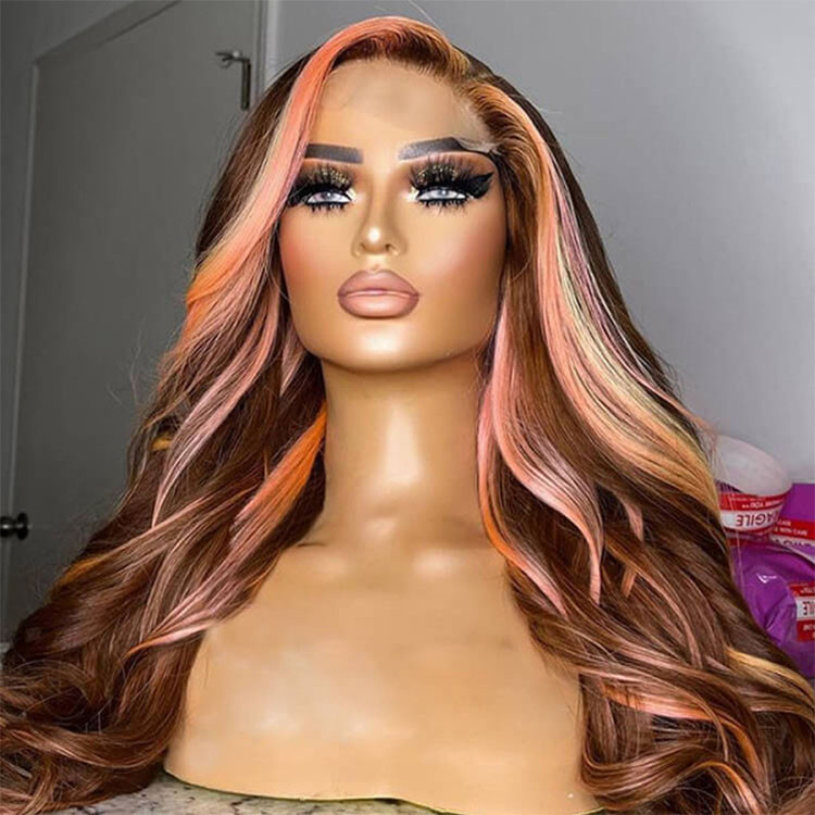 Pink Highlights In Brown Hair Body Wave Lace Front Wig Wiggins