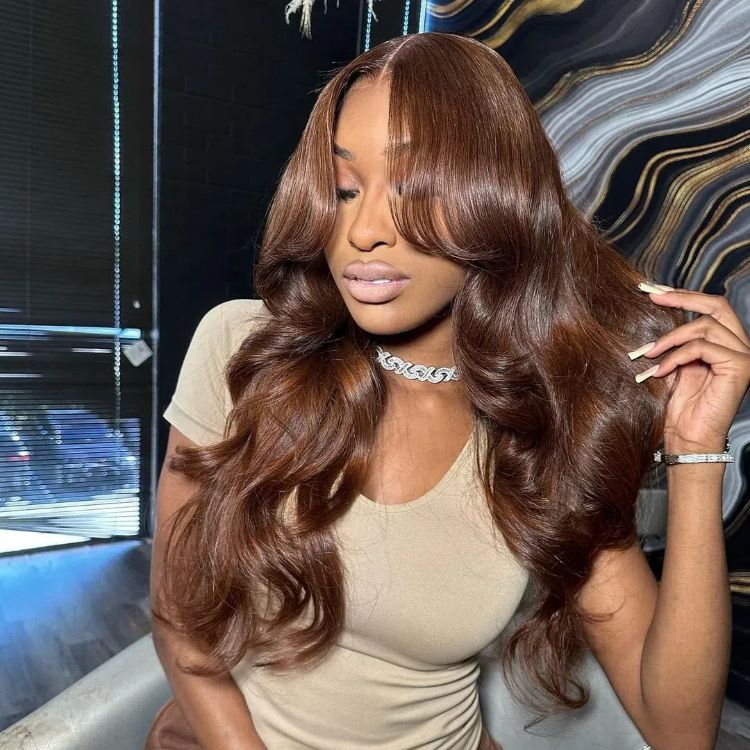 dark brown wig with curtain bang