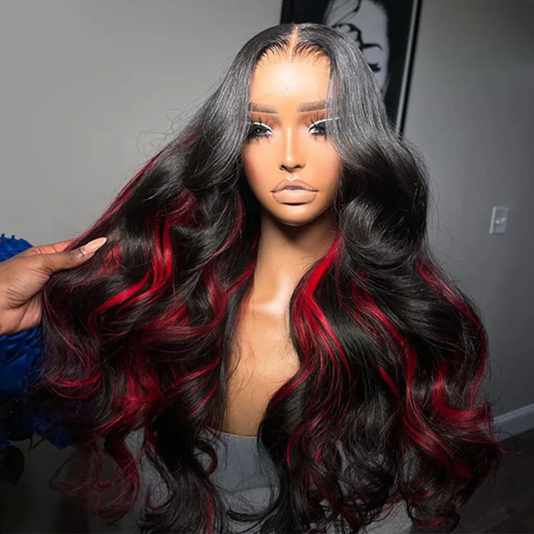 dark hair with red highlights