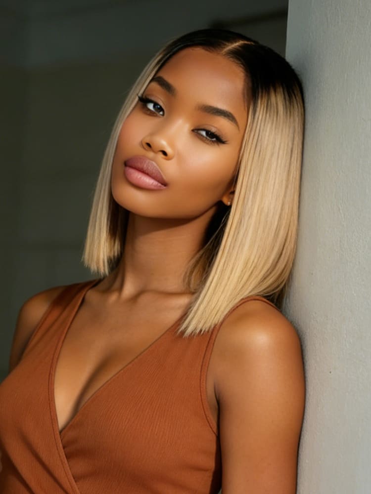 black to blonde ombre straight bob hair wig