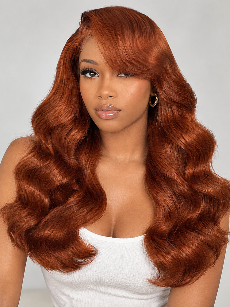 orange brown glueless wig with side bangs
