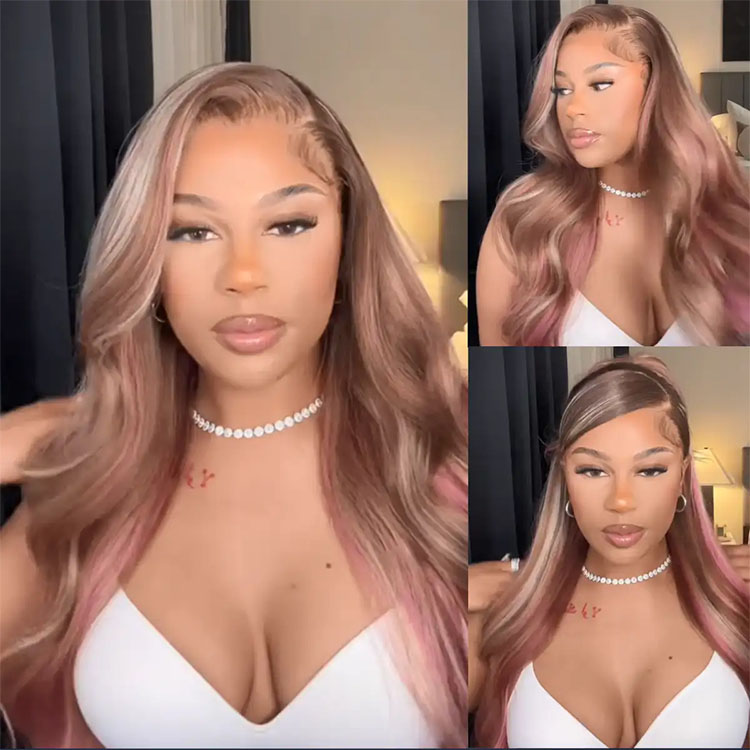 light brown wig with pink highlights