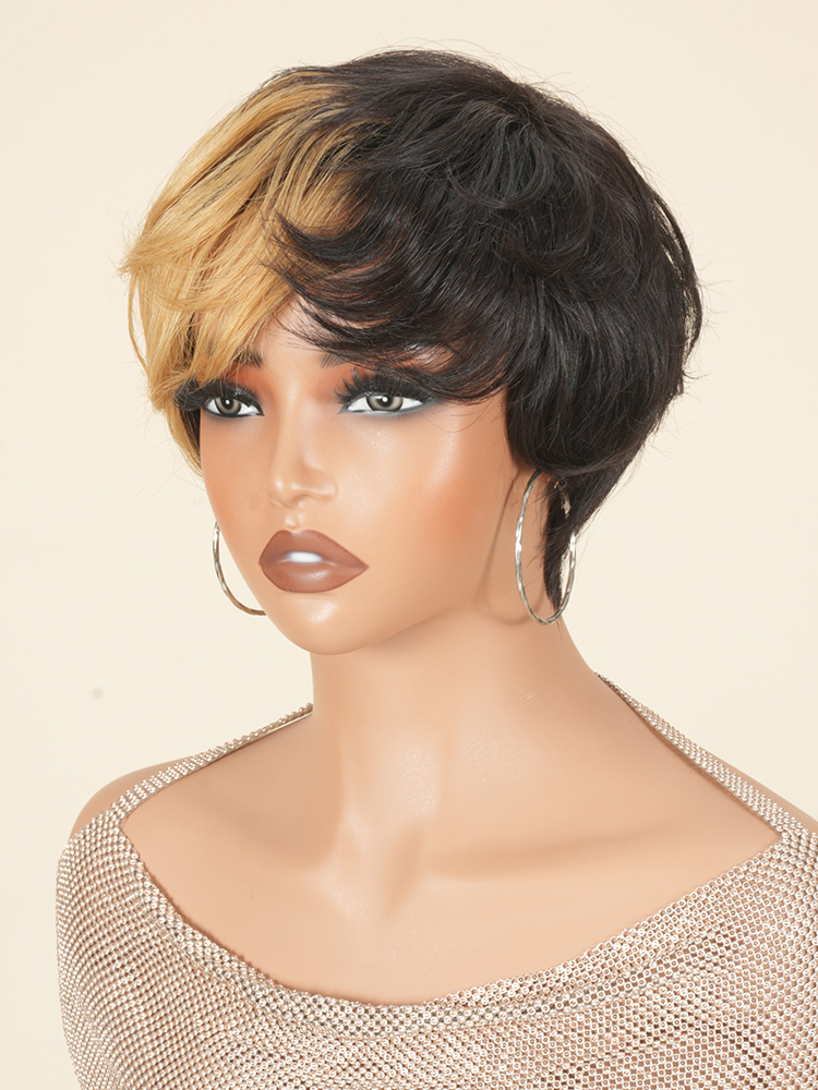  Short Pixie Cut Human Hair Wig With Bangs, Half Black Half Blonde Highlight Wavy Glueless Full Machine Made Wig