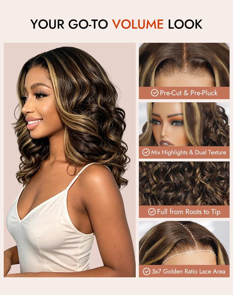 Brown Mix Blonde Highlights Human Hair Wigs