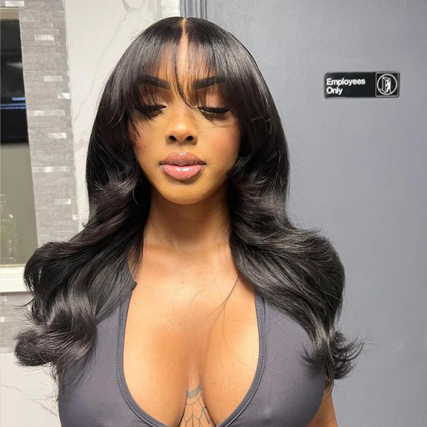 Natural Wavy Curtain Bangs Glueless Wigs