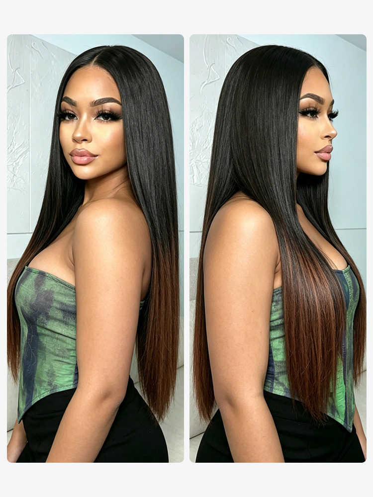 double drawn ombre brown blunt cut straight long bob
