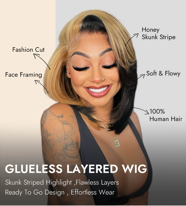  Skunk stripe short human hair straight 13x4 lace wigs 