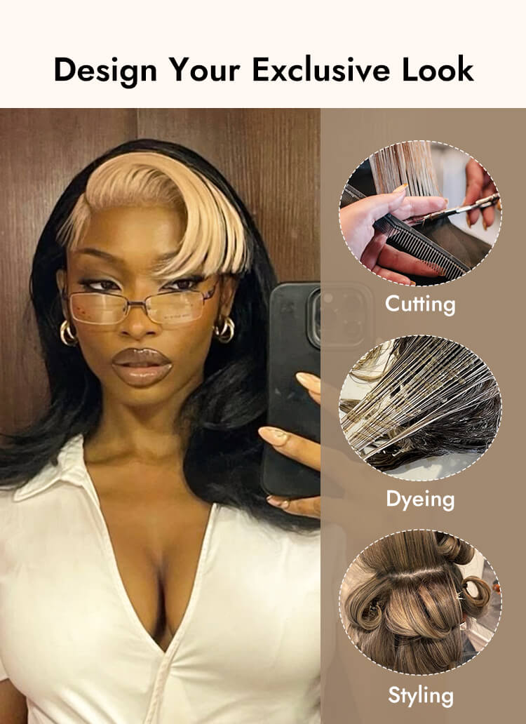  short human hair Skunk stripe straight wigs 