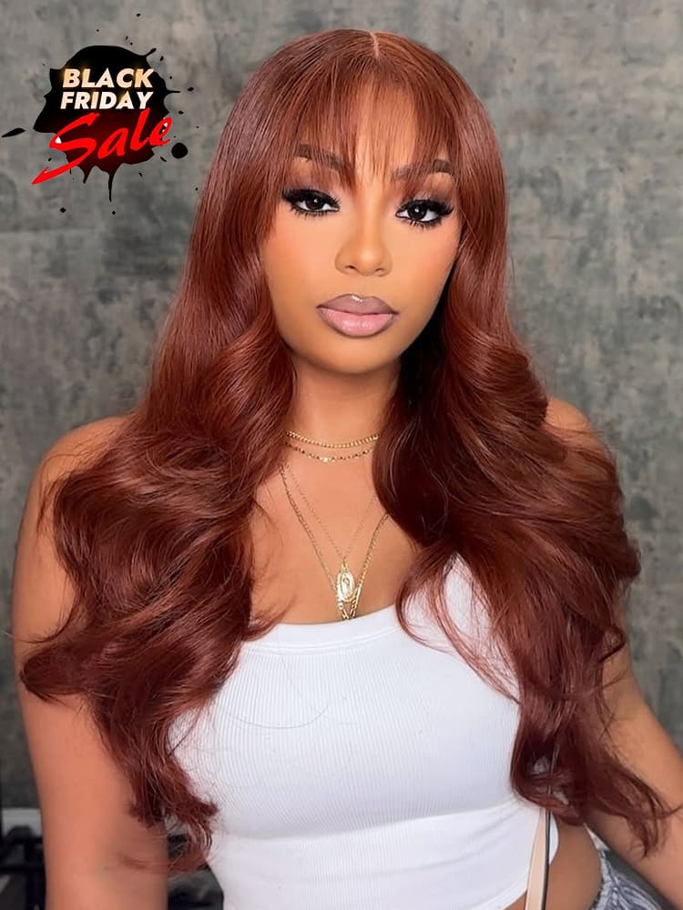 Fluffy Ginger Brown Body Wave 5x5 Ready To Go lace Closure Wig With Airy Bangs