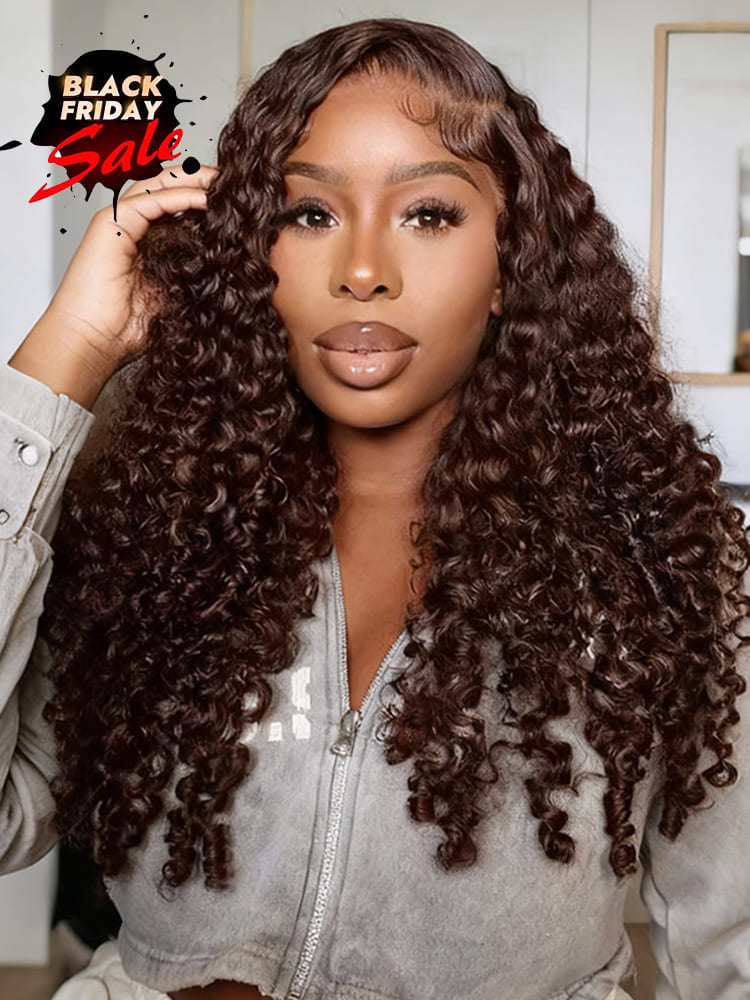 Full Density Dark Brown Burmese Curly 13x4 & 13x6 Transparent Lace Front Wig With Spiral Ends