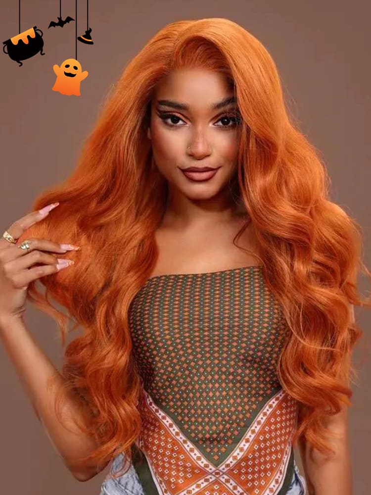 35 Bright Copper Orange Colored Human Hair Glueless Ready And Go Lace Wigs