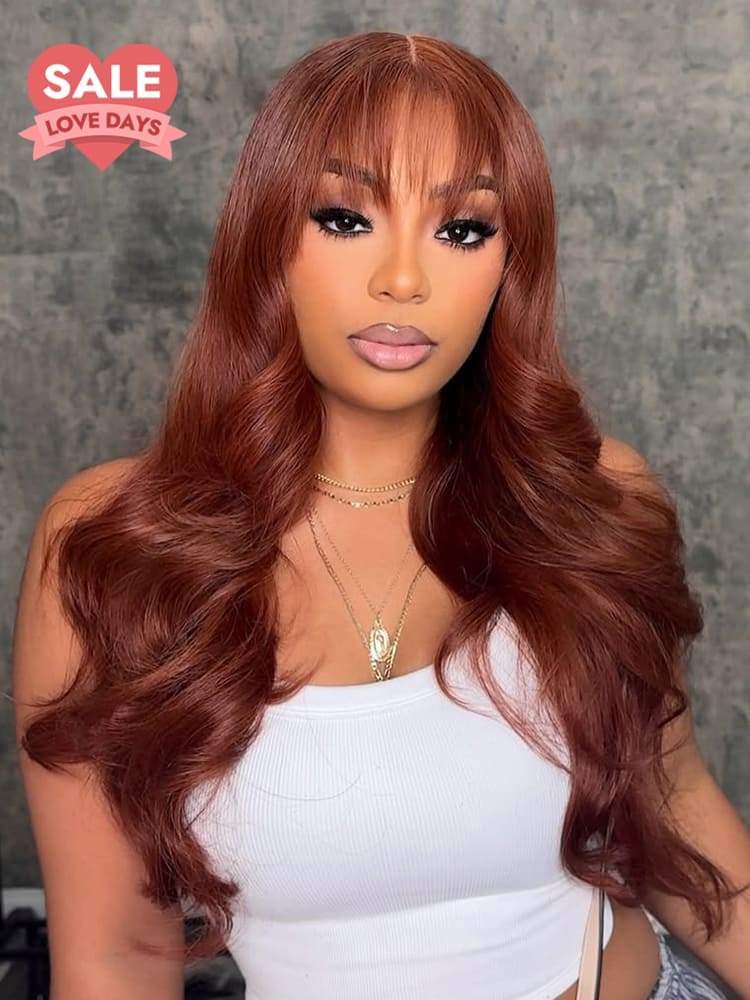 Fluffy Ginger Brown Body Wave 5x5 Ready To Go lace Closure Wig With Airy Bangs